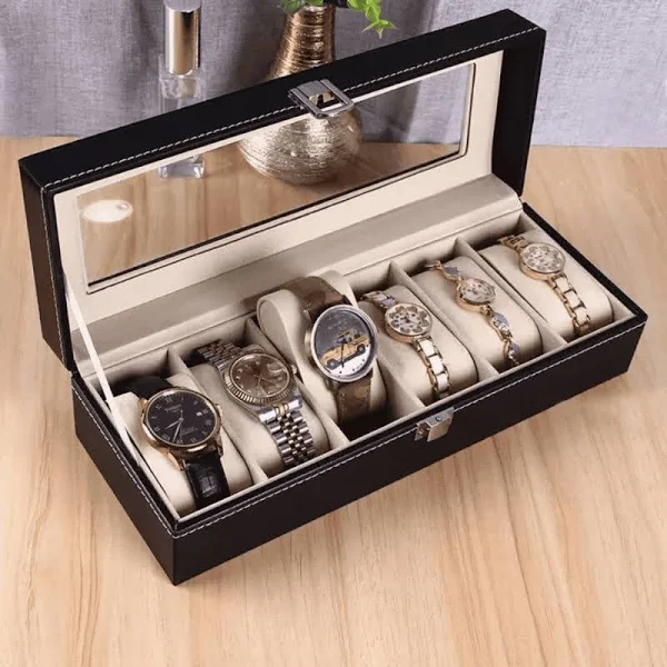 6 Slot Leather Watch Organizer Jewelry Storage Case with Lock