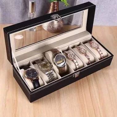 6 Slot Leather Watch Organizer Jewelry Storage Case with Lock