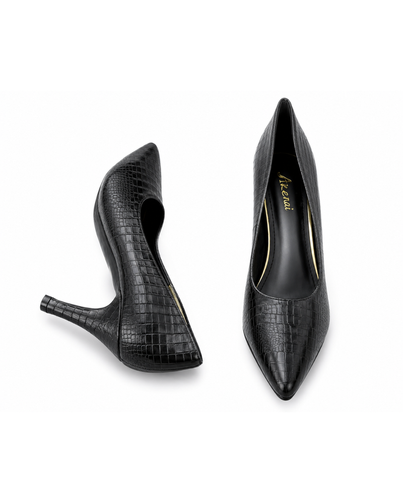Black Mock Croc Pointed Heels