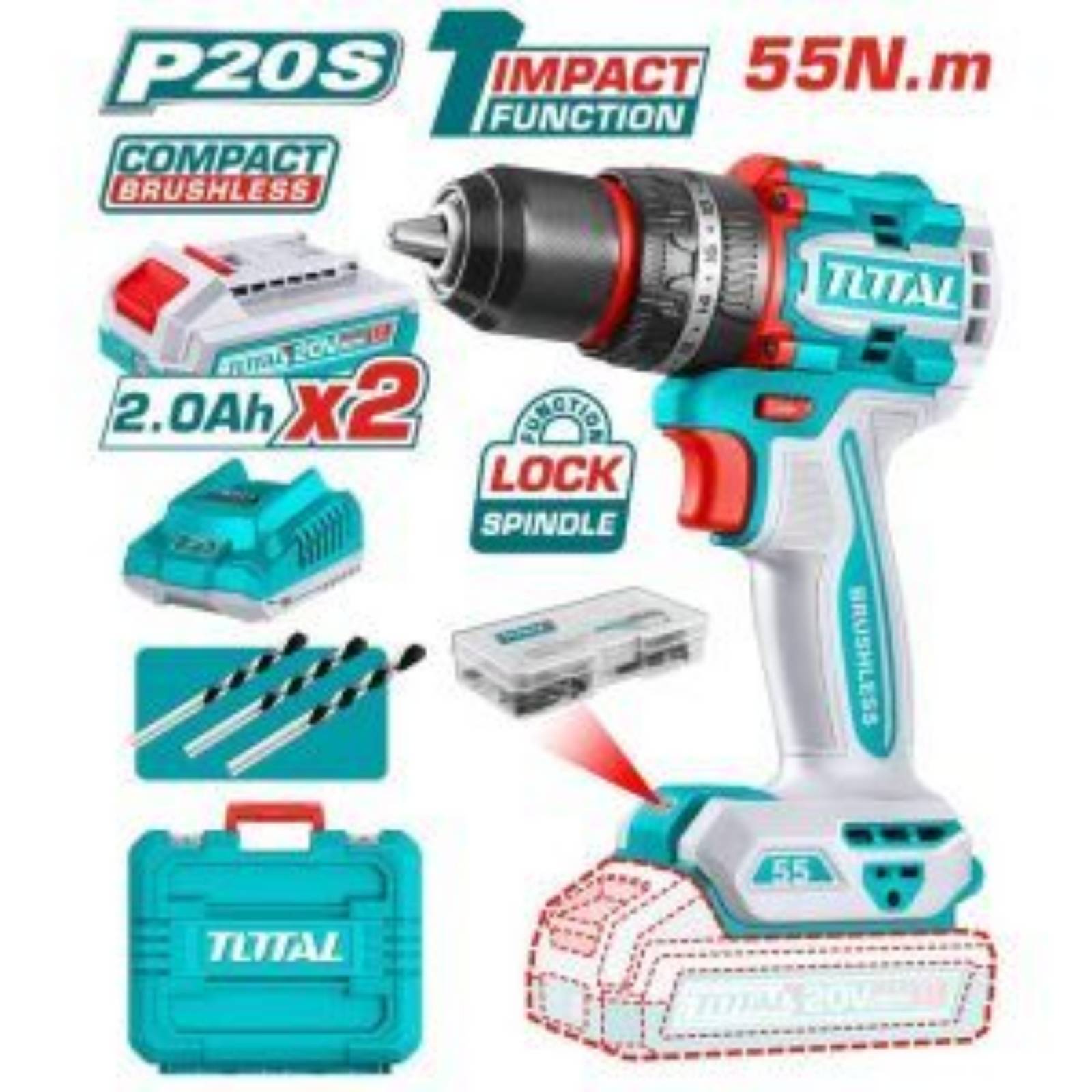 Total Compact Brushless Cordless Impact Drill 66Nm 20V
